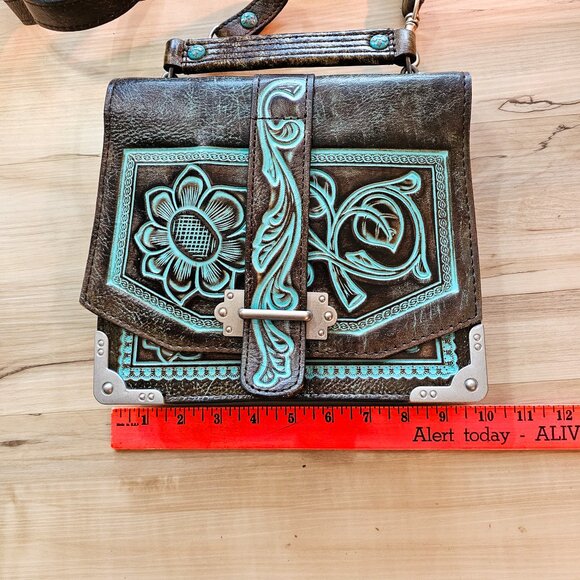 NWOT Patricia Nash Stella Flap Brown and Turquoise Handbag - Picture 14 of 15